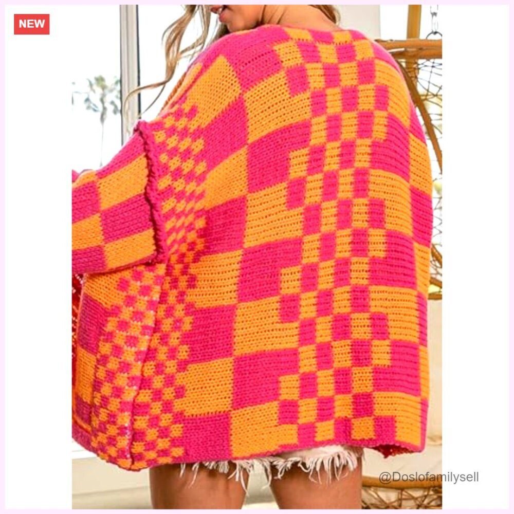 Chunky Knit Cardigan, Oversized Fit, Acrylic, Open Front, Plaid Pattern - Picture 2 of 7